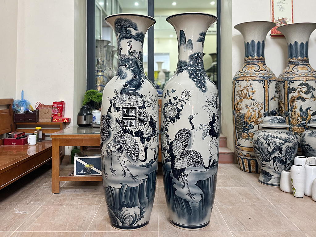 Lọ lộc bình Bát Tràng men chàm Ngũ Phúc vẽ kỹ 1m4 4